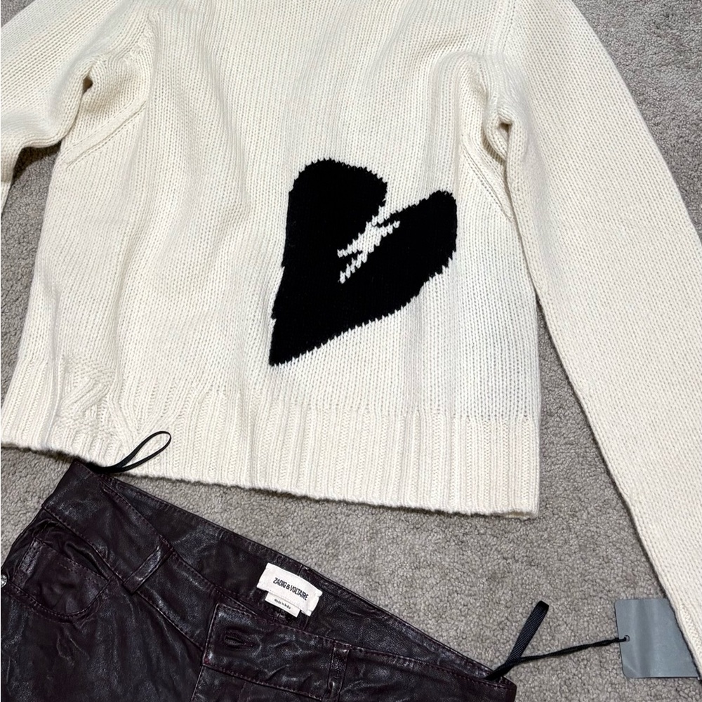 Zadig & Voltaire 100% Wool Cream Sweater with Black Heart
